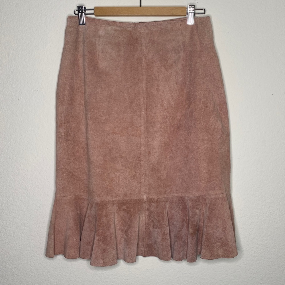 Pastel Pink 100% Suede Midi Skirt with Ruffle
